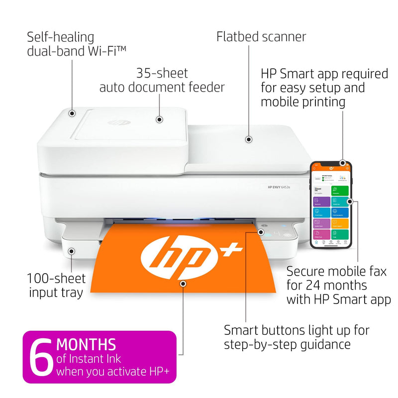 HP Envy 6452e Wireless Inkjet Color All-in-One Printer, Print Copy Scan, 35 Sheet ADF, 2-Side Printing, WiFi USB Connectivity, Instant Ink Ready, Home or Office Inkjet Printers, White - OPEN-BOX