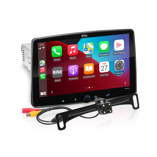 BOSS Audio Systems BCPA10RC Apple CarPlay Android Auto Car Multimedia Player - Single Din Chassis with 10.1 Inch Capacitive Touchscreen, Bluetooth, No DVD, RGB Illumination, Rear Camera Included