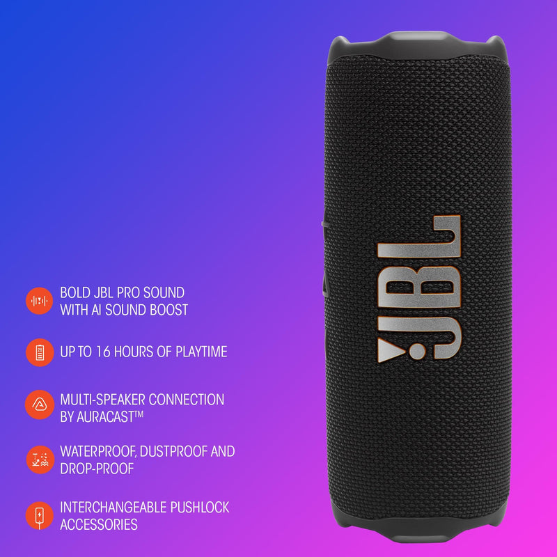 JBL Flip 7 - Portable Waterproof and Drop-Proof Speaker, Bold Pro Sound with AI Sound Boost, 16Hrs of Playtime, and PushLock System with Interchangeable Accessories (Blue) (Renewed)
