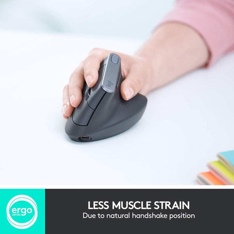 Logitech MX Vertical Wireless Mouse – Advanced Ergonomic Design Reduces Muscle Strain, Control and Move Content Between 3 Windows and Apple Computers (Bluetooth or USB), Rechargeable, Graphite