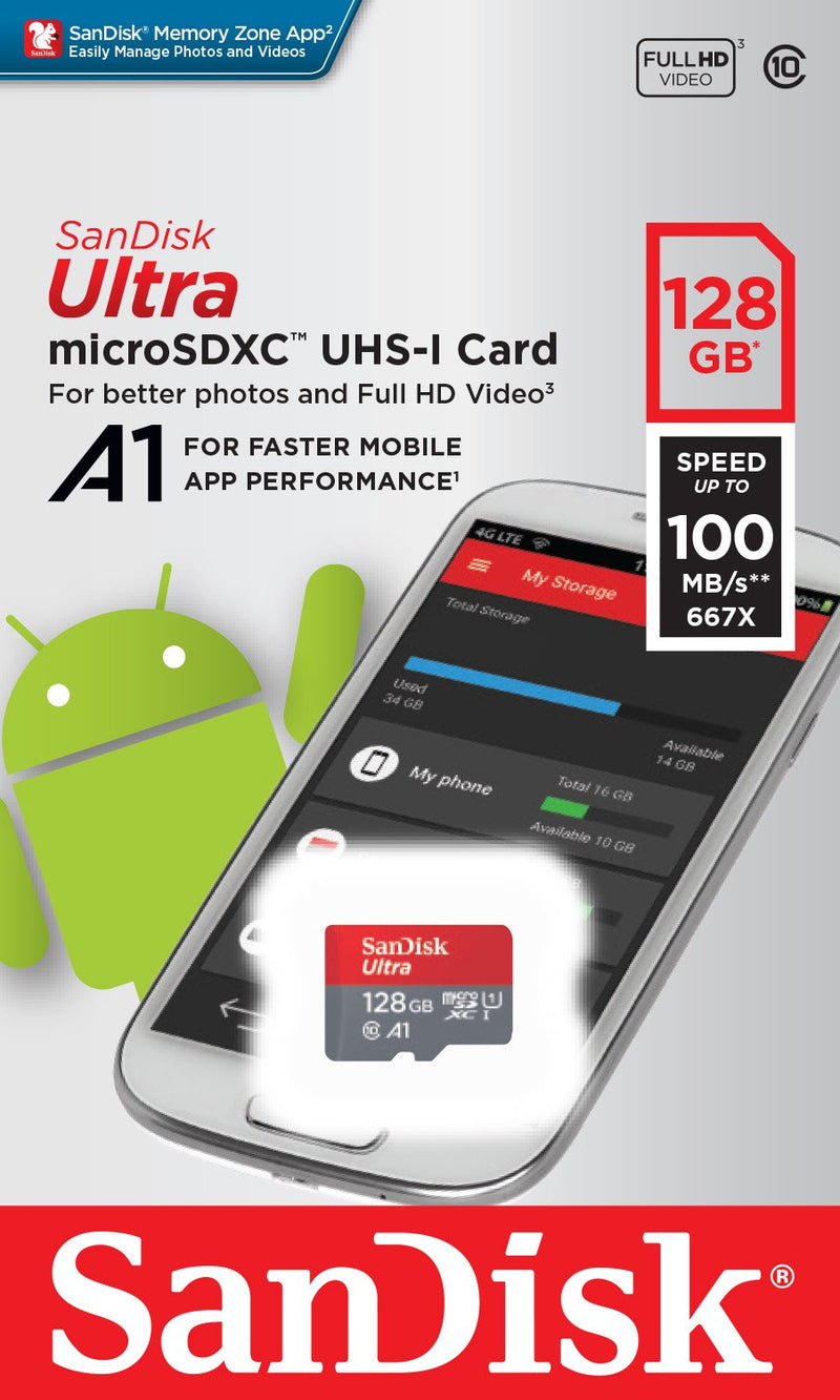 SanDisk 128GB Ultra microSDXC UHS-I Memory Card with Adapter - C10, U1, Full HD, A1, Micro SD Card - SDSQUAR-128G-GN6MA